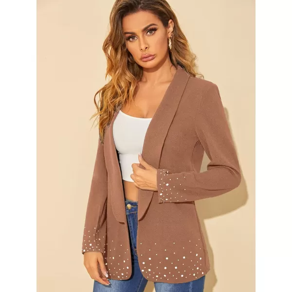 WDIRARA Women's Elegant Long Sleeve Blazer Open Front Rhinestone Suit Jackets