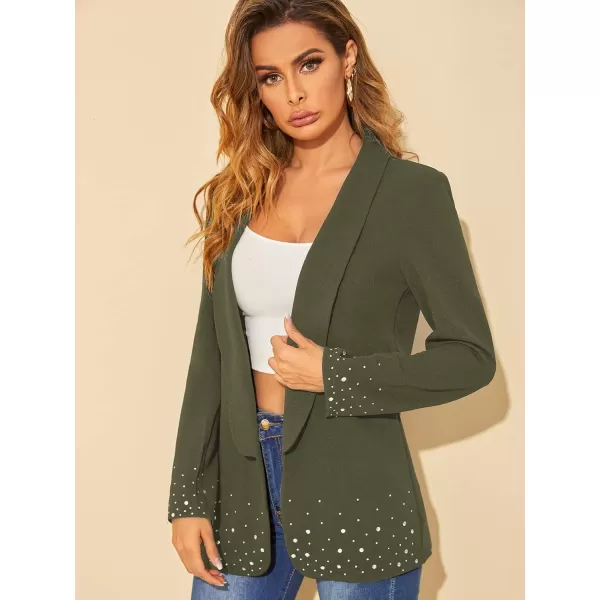 WDIRARA Women's Elegant Long Sleeve Blazer Open Front Rhinestone Suit Jackets