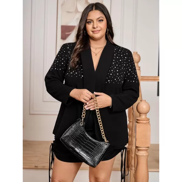 WDIRARA Women's Elegant Long Sleeve Blazer Open Front Rhinestone Suit Jackets