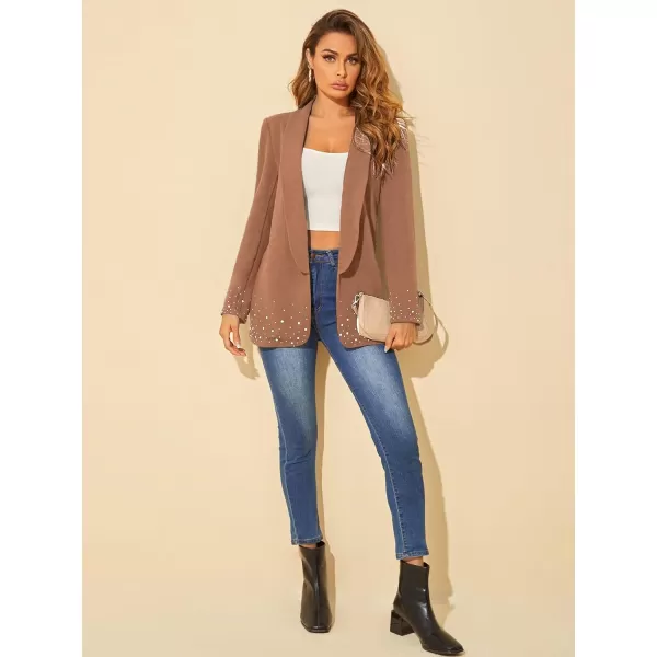WDIRARA Women's Elegant Long Sleeve Blazer Open Front Rhinestone Suit Jackets