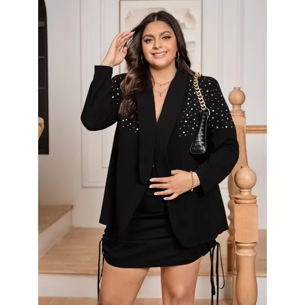 WDIRARA Women's Elegant Long Sleeve Blazer Open Front Rhinestone Suit Jackets