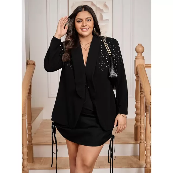WDIRARA Women's Elegant Long Sleeve Blazer Open Front Rhinestone Suit Jackets