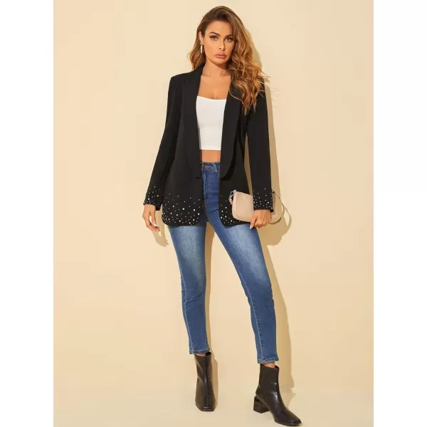 WDIRARA Women's Elegant Long Sleeve Blazer Open Front Rhinestone Suit Jackets