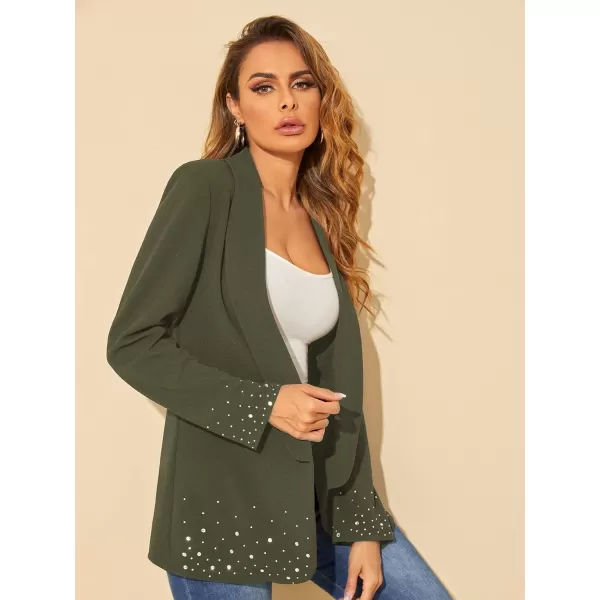 WDIRARA Women's Elegant Long Sleeve Blazer Open Front Rhinestone Suit Jackets