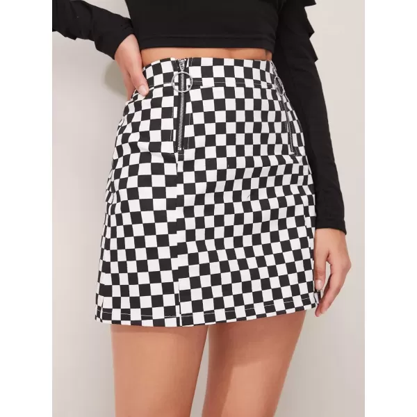 WDIRARA Women's Elegant Mid Waist Above Knee O-Ring Zipper Plaid Mini Skirt