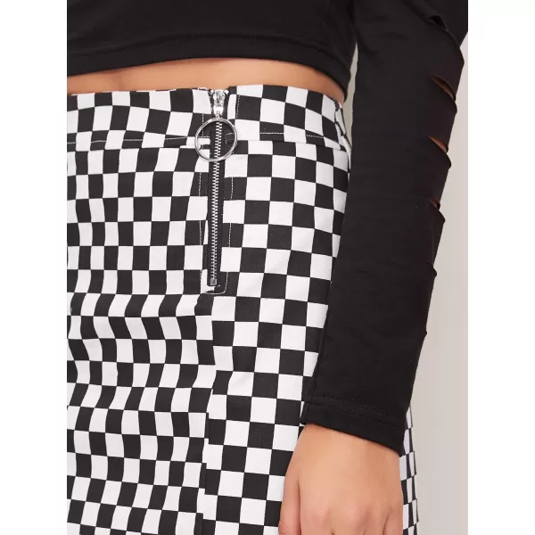 WDIRARA Women's Elegant Mid Waist Above Knee O-Ring Zipper Plaid Mini Skirt