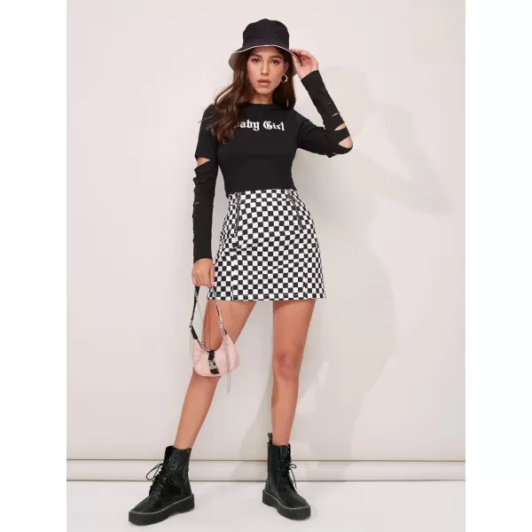 WDIRARA Women's Elegant Mid Waist Above Knee O-Ring Zipper Plaid Mini Skirt
