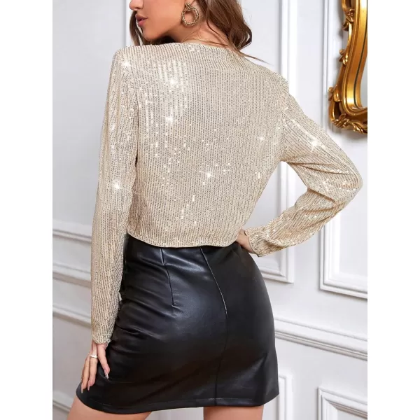 WDIRARA Women's Elegant Open Front Long Sleeve Jacket Crop Contrast Sequin Outwear
