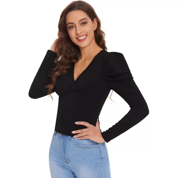 WDIRARA Women's Elegant V Neck Puff Long Sleeve Houndstooth Wrap Blouse Top