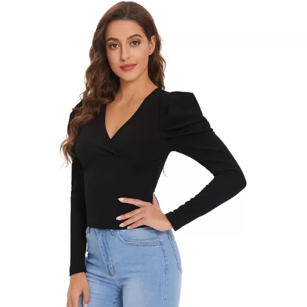 WDIRARA Women's Elegant V Neck Puff Long Sleeve Houndstooth Wrap Blouse Top