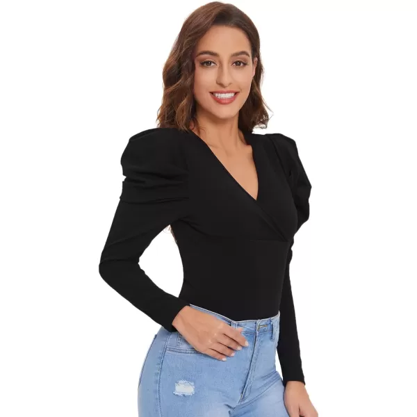 WDIRARA Women's Elegant V Neck Puff Long Sleeve Houndstooth Wrap Blouse Top