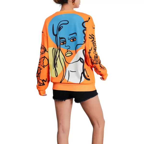 WDIRARA Women's Figure Graphic Print Sweatshirt Round Neck Long Sleeve Contrast Color Graffiti Pullovers