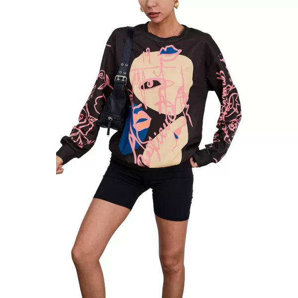 WDIRARA Women's Figure Graphic Print Sweatshirt Round Neck Long Sleeve Contrast Color Graffiti Pullovers