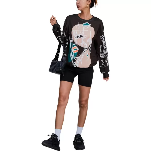 WDIRARA Women's Figure Graphic Print Sweatshirt Round Neck Long Sleeve Contrast Color Graffiti Pullovers