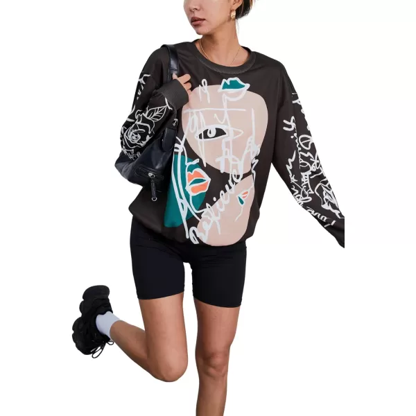 WDIRARA Women's Figure Graphic Print Sweatshirt Round Neck Long Sleeve Contrast Color Graffiti Pullovers