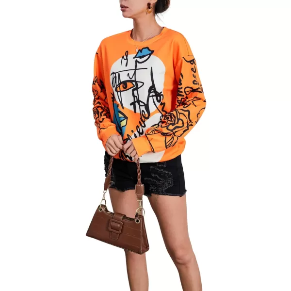 WDIRARA Women's Figure Graphic Print Sweatshirt Round Neck Long Sleeve Contrast Color Graffiti Pullovers