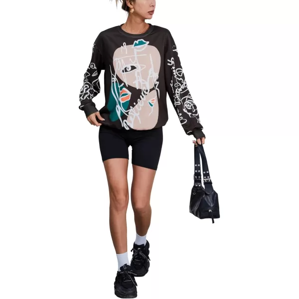 WDIRARA Women's Figure Graphic Print Sweatshirt Round Neck Long Sleeve Contrast Color Graffiti Pullovers