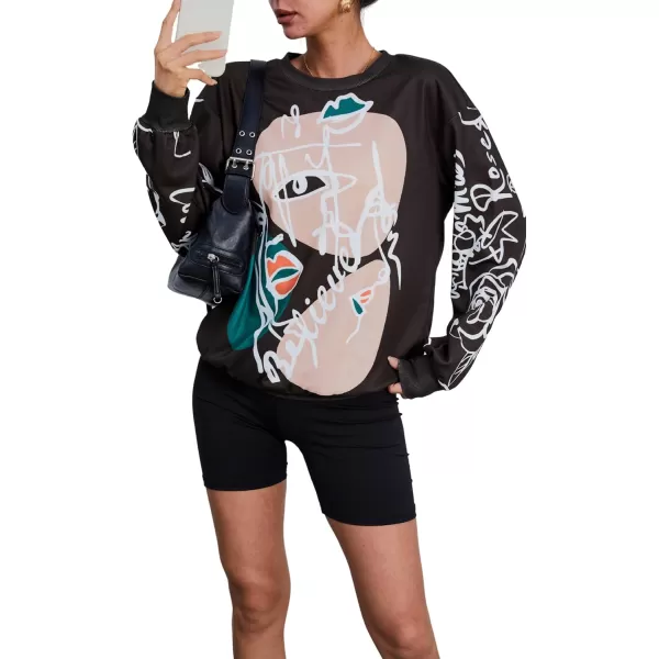 WDIRARA Women's Figure Graphic Print Sweatshirt Round Neck Long Sleeve Contrast Color Graffiti Pullovers