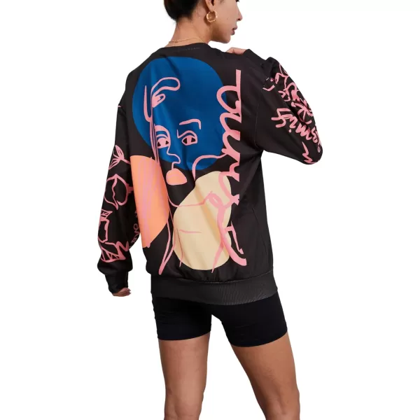 WDIRARA Women's Figure Graphic Print Sweatshirt Round Neck Long Sleeve Contrast Color Graffiti Pullovers
