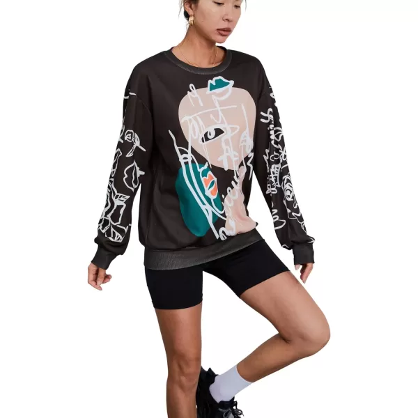WDIRARA Women's Figure Graphic Print Sweatshirt Round Neck Long Sleeve Contrast Color Graffiti Pullovers