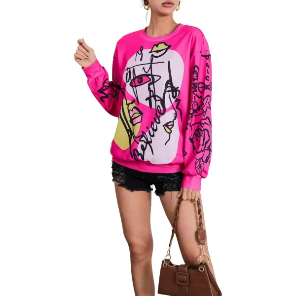 WDIRARA Women's Figure Graphic Print Sweatshirt Round Neck Long Sleeve Contrast Color Graffiti Pullovers