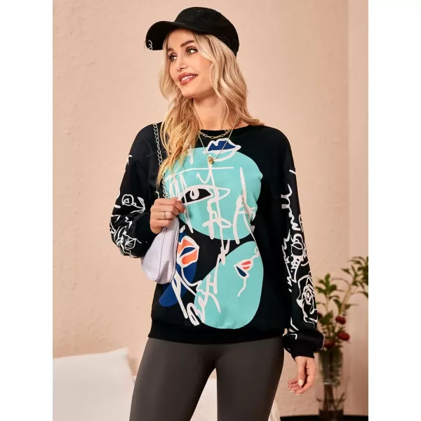 WDIRARA Women's Figure Graphic Print Sweatshirt Round Neck Long Sleeve Contrast Color Graffiti Pullovers