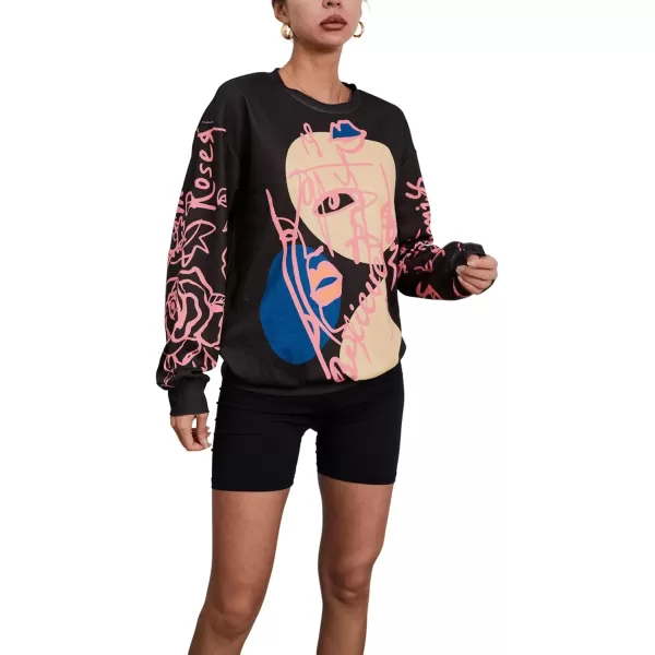 WDIRARA Women's Figure Graphic Print Sweatshirt Round Neck Long Sleeve Contrast Color Graffiti Pullovers