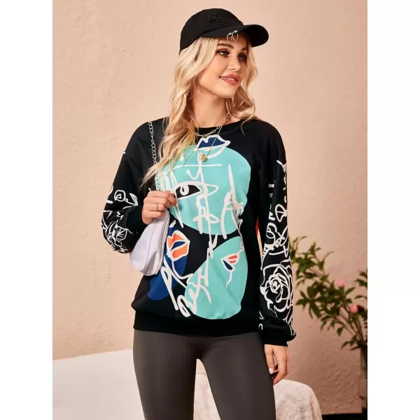 WDIRARA Women's Figure Graphic Print Sweatshirt Round Neck Long Sleeve Contrast Color Graffiti Pullovers