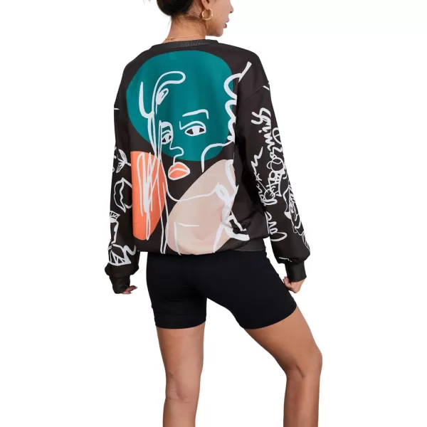 WDIRARA Women's Figure Graphic Print Sweatshirt Round Neck Long Sleeve Contrast Color Graffiti Pullovers