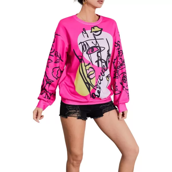 WDIRARA Women's Figure Graphic Print Sweatshirt Round Neck Long Sleeve Contrast Color Graffiti Pullovers