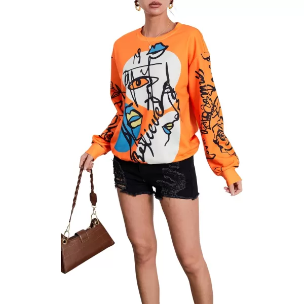 WDIRARA Women's Figure Graphic Print Sweatshirt Round Neck Long Sleeve Contrast Color Graffiti Pullovers