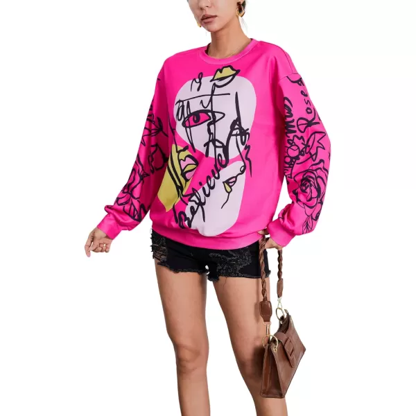 WDIRARA Women's Figure Graphic Print Sweatshirt Round Neck Long Sleeve Contrast Color Graffiti Pullovers