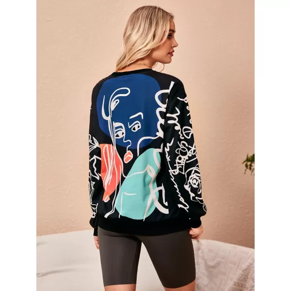 WDIRARA Women's Figure Graphic Print Sweatshirt Round Neck Long Sleeve Contrast Color Graffiti Pullovers