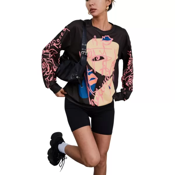 WDIRARA Women's Figure Graphic Print Sweatshirt Round Neck Long Sleeve Contrast Color Graffiti Pullovers