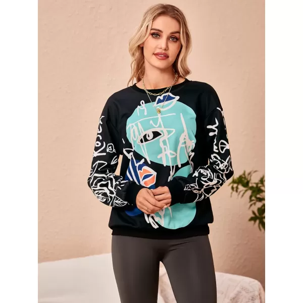 WDIRARA Women's Figure Graphic Print Sweatshirt Round Neck Long Sleeve Contrast Color Graffiti Pullovers