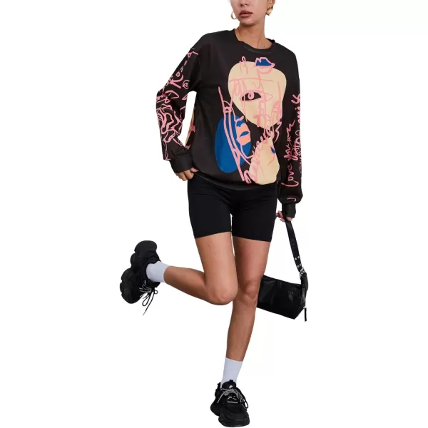 WDIRARA Women's Figure Graphic Print Sweatshirt Round Neck Long Sleeve Contrast Color Graffiti Pullovers