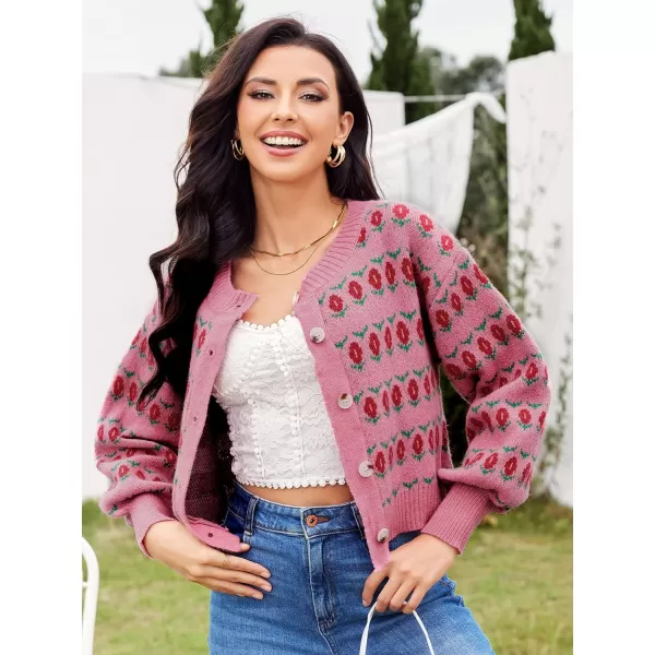 WDIRARA Women's Floral Button Down Ribbed Knit Crew Neck Cropped Cardigan Sweater