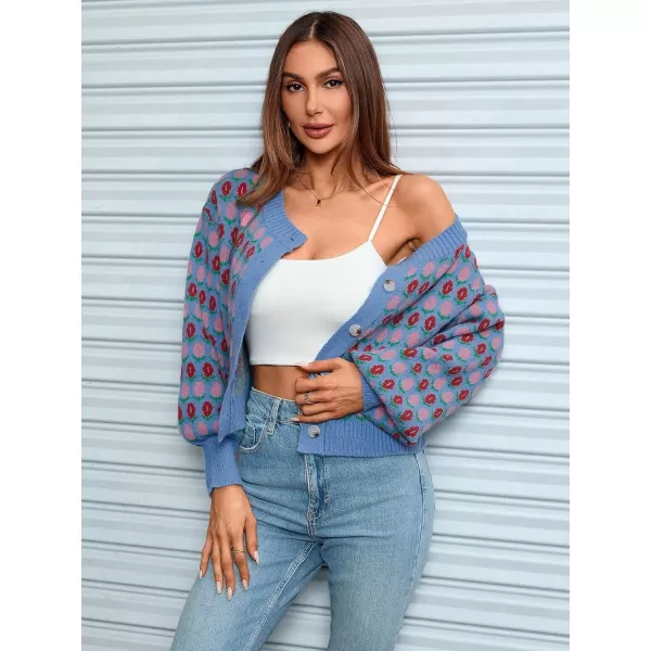 WDIRARA Women's Floral Button Down Ribbed Knit Crew Neck Cropped Cardigan Sweater