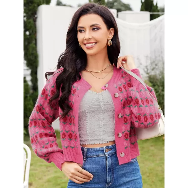 WDIRARA Women's Floral Button Down Ribbed Knit Crew Neck Cropped Cardigan Sweater