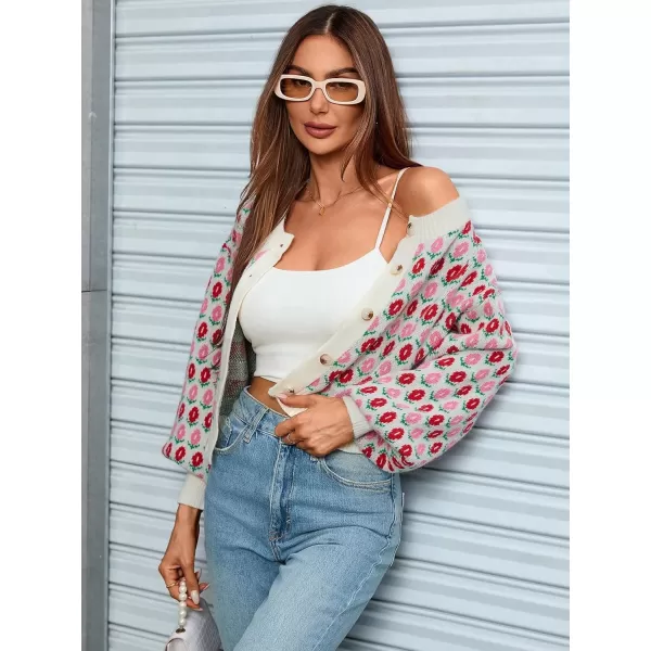 WDIRARA Women's Floral Button Down Ribbed Knit Crew Neck Cropped Cardigan Sweater