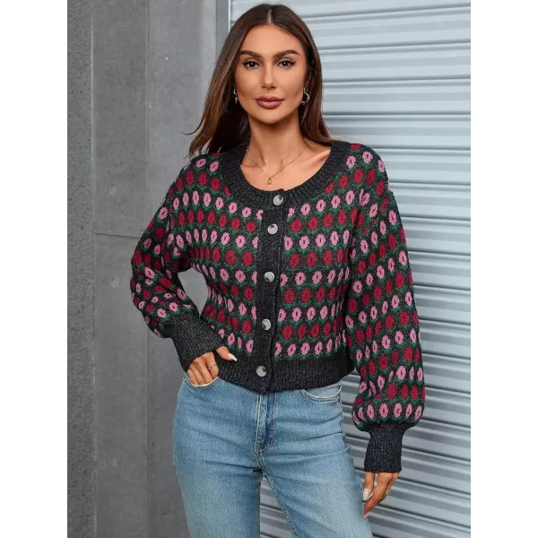 WDIRARA Women's Floral Button Down Ribbed Knit Crew Neck Cropped Cardigan Sweater