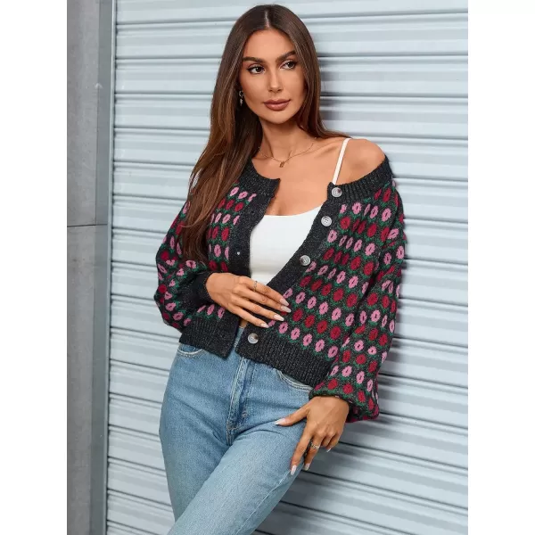 WDIRARA Women's Floral Button Down Ribbed Knit Crew Neck Cropped Cardigan Sweater