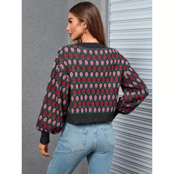 WDIRARA Women's Floral Button Down Ribbed Knit Crew Neck Cropped Cardigan Sweater