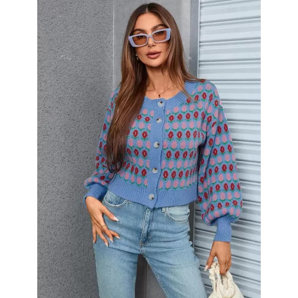 WDIRARA Women's Floral Button Down Ribbed Knit Crew Neck Cropped Cardigan Sweater