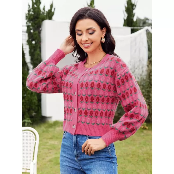 WDIRARA Women's Floral Button Down Ribbed Knit Crew Neck Cropped Cardigan Sweater
