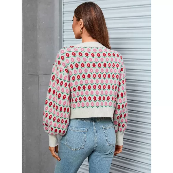 WDIRARA Women's Floral Button Down Ribbed Knit Crew Neck Cropped Cardigan Sweater