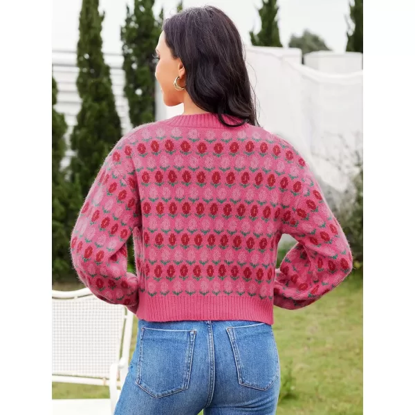 WDIRARA Women's Floral Button Down Ribbed Knit Crew Neck Cropped Cardigan Sweater