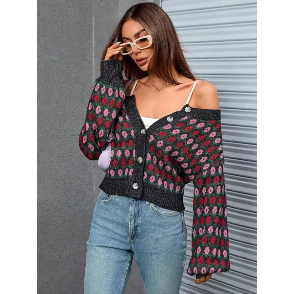 WDIRARA Women's Floral Button Down Ribbed Knit Crew Neck Cropped Cardigan Sweater