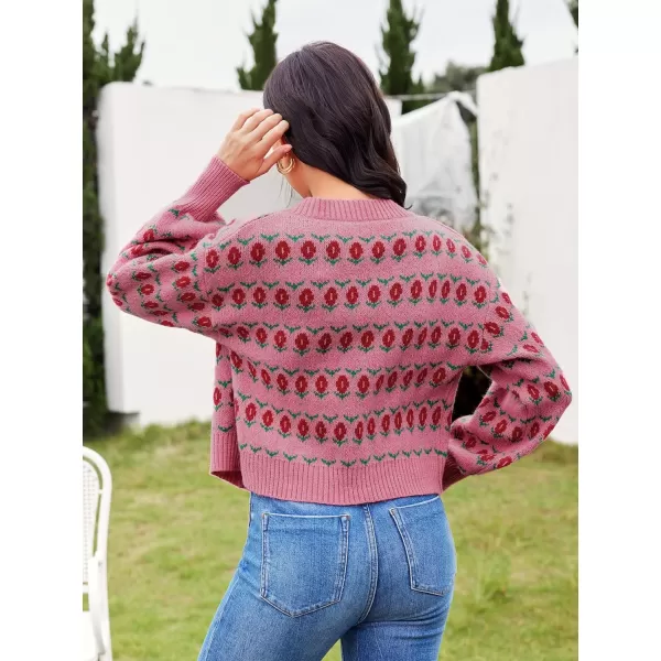 WDIRARA Women's Floral Button Down Ribbed Knit Crew Neck Cropped Cardigan Sweater