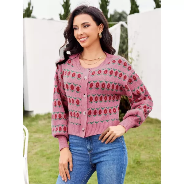 WDIRARA Women's Floral Button Down Ribbed Knit Crew Neck Cropped Cardigan Sweater
